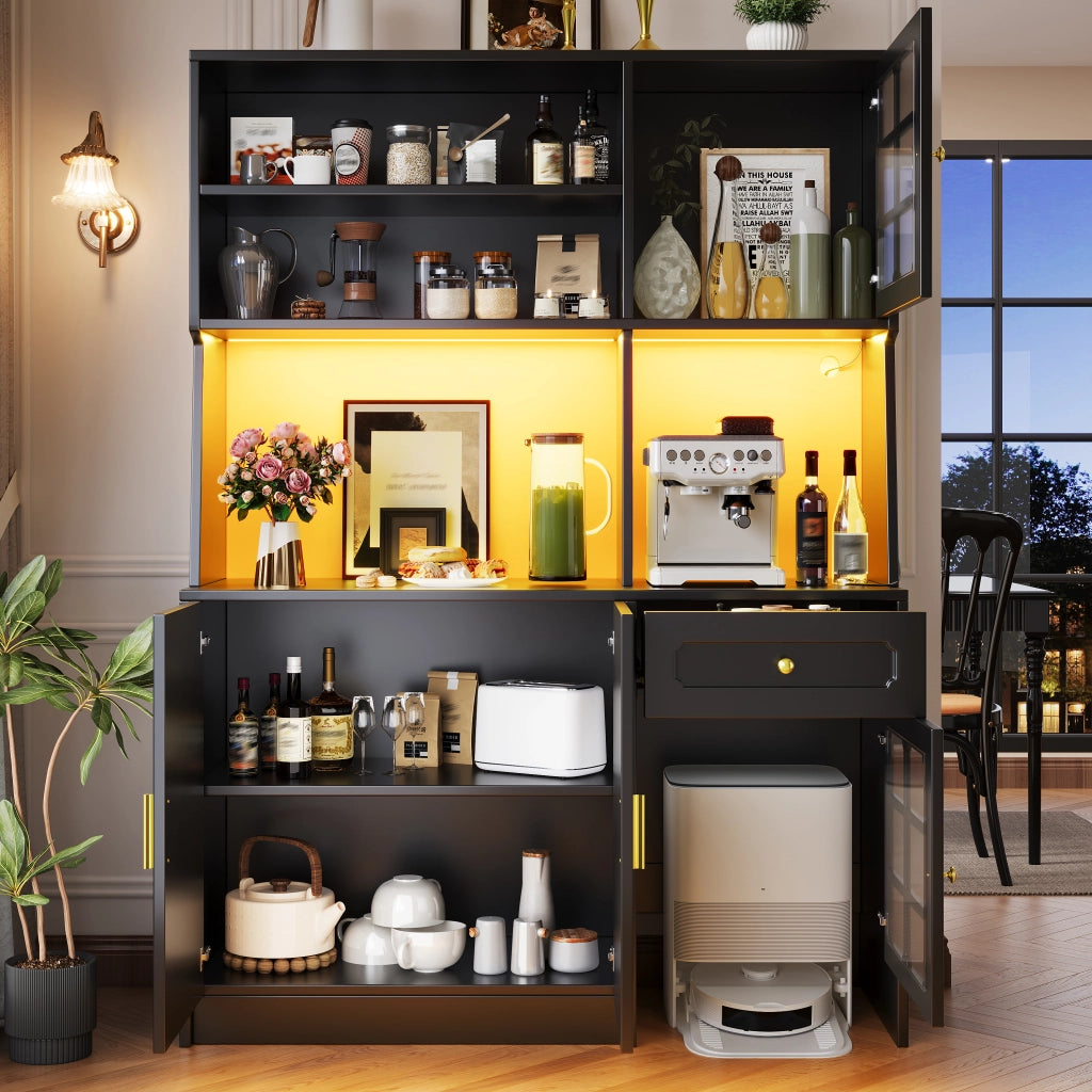 ARMADIO DA CUCINA 130x45x180 cm Nero in MDF con ante in vetro e LED