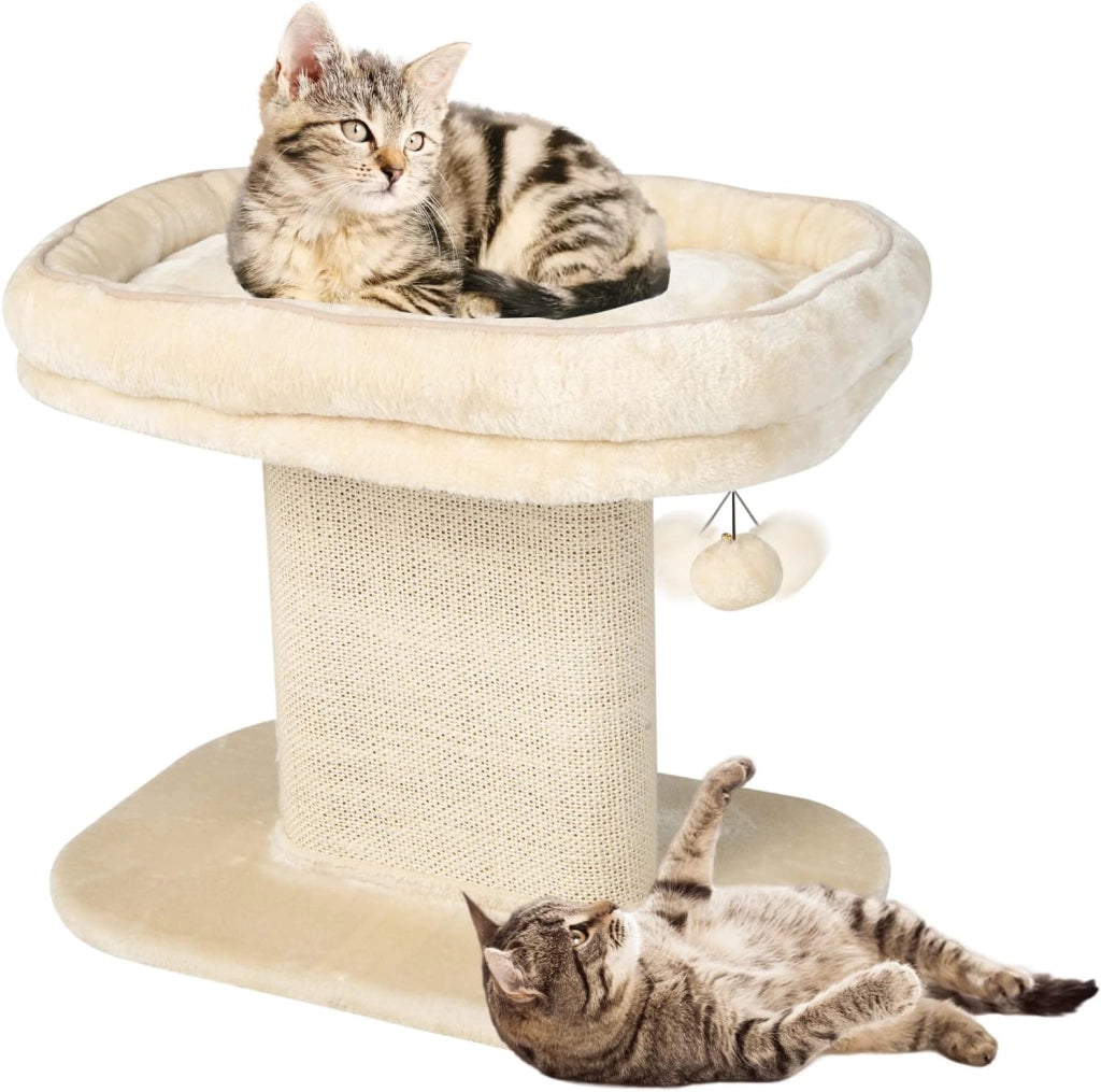 Tiragraffi per Gatti, Albero Tiragraffi Gatto con Grande Cuccia in Peluche e Tiragraffi in Sisal e Palla, Tiragraffi da Divano in Legno per Gatti Piccoli, Portata 20 kg (Beige)