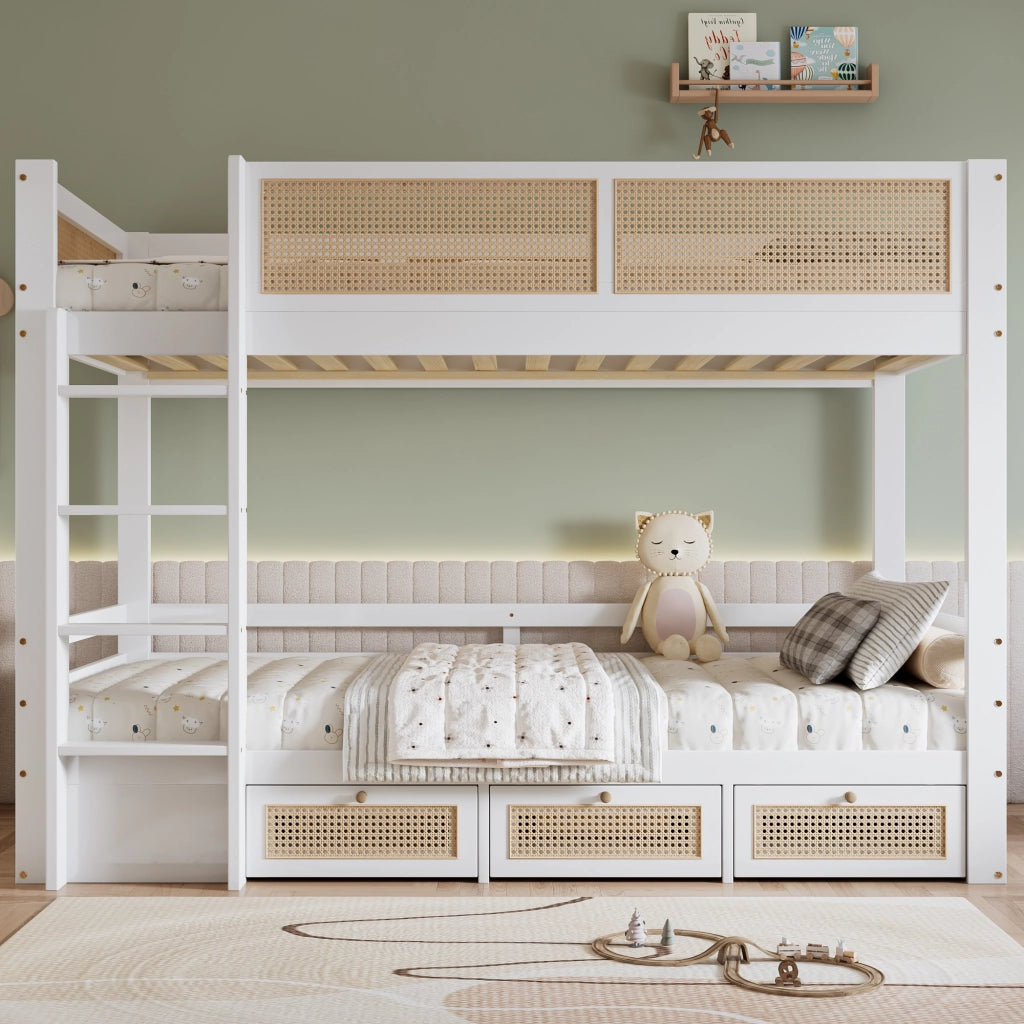 Letto a castello per bambini 90 × 200 cm 2 posti con 3 cassetti, scala a 4 gradini e barriere, senza materasso