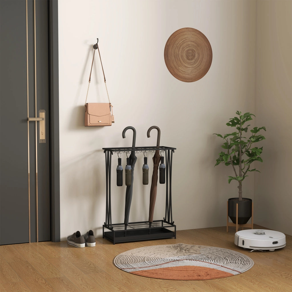 Portaombrelli rettangolare in acciaio nero con 21 supporti e 24 ganci; vaschetta estraibile 50 × 24 × 68 cm