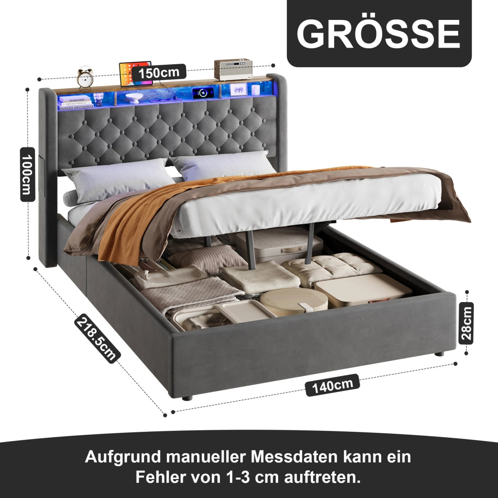 Letto imbottito 140 × 200 cm con contenitore, mensola testiera, LED e porte USB in velluto holland grigio