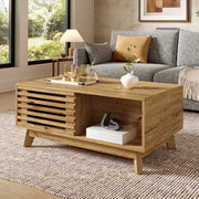 Tavolino basso alzabile con piano estensibile e anta scorrevole a lamelle in MDF naturale 90 × 55 × 57.5 cm