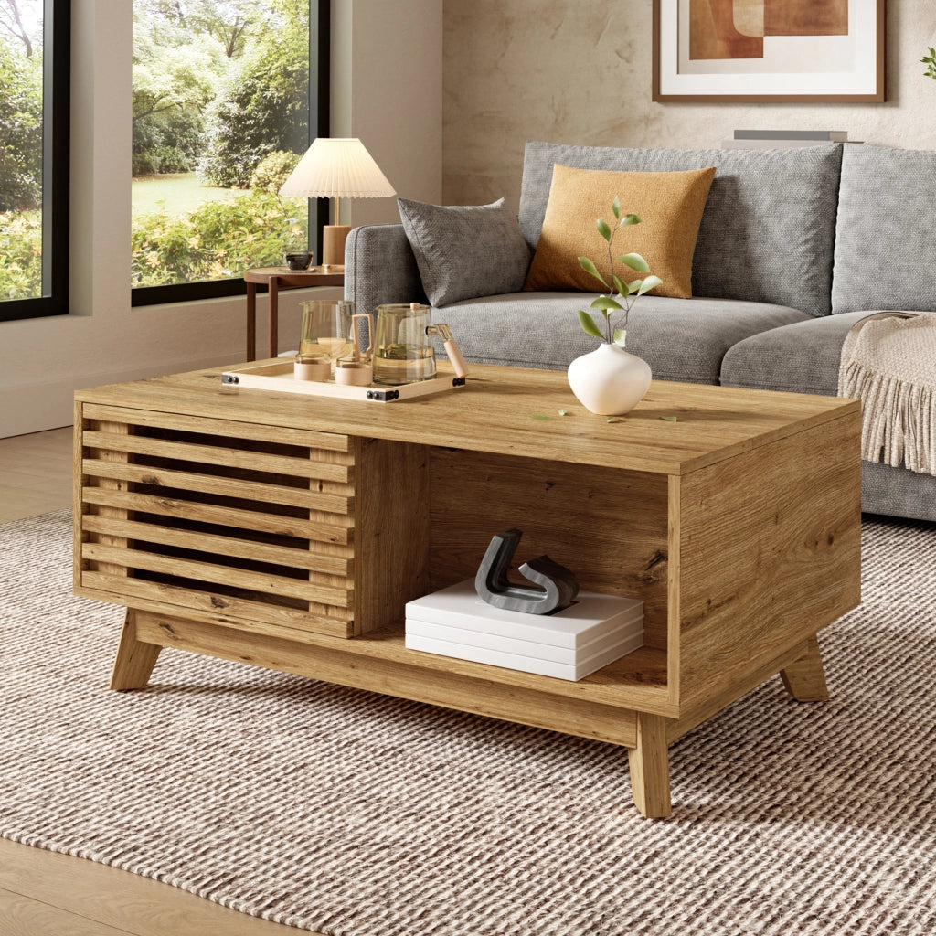 Tavolino basso alzabile con piano estensibile e anta scorrevole a lamelle in MDF naturale 90 × 55 × 57.5 cm