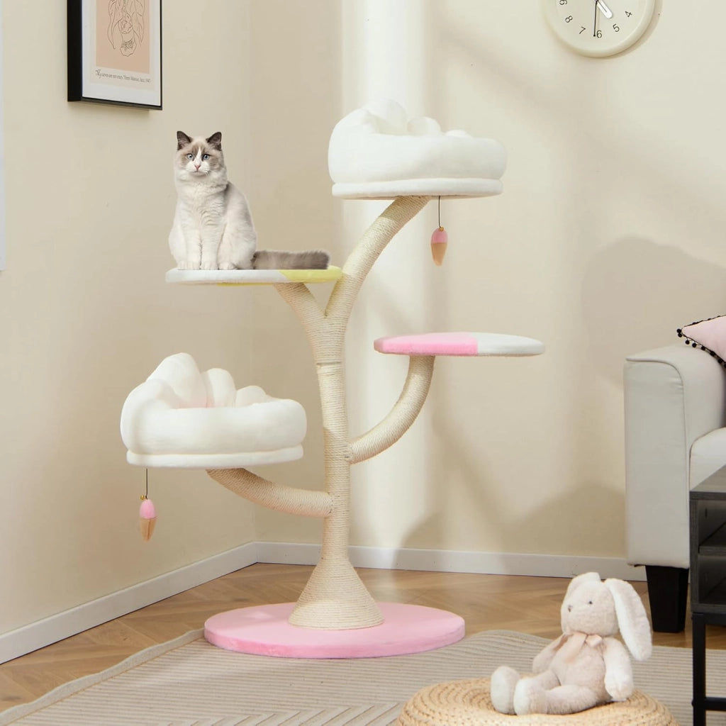 Albero per Gatti, Tiragraffi per Gatti con 2 Piattaforme, Palline Pendenti, Cuscini e Tiragraffi in Sisal, Centro Attività per Gatti Piccoli da Interno, 59 x 59 x 123 cm