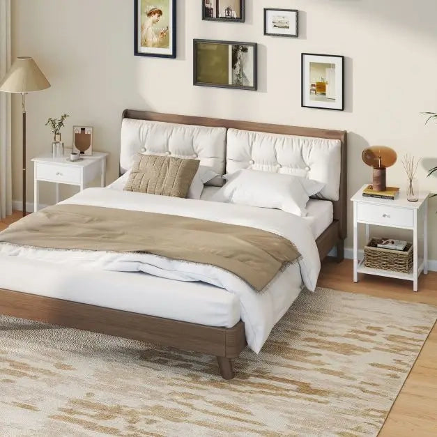Wooden Bedside Table with Drawer Sofa Table with Open Shelf Mid-Century Style Multifunctional Side Table White
