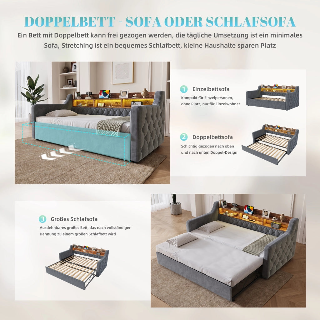 Divano letto 90 × 190 cm con letto estraibile LED USB Type-C testiera con ripiano in velluto grigio scuro