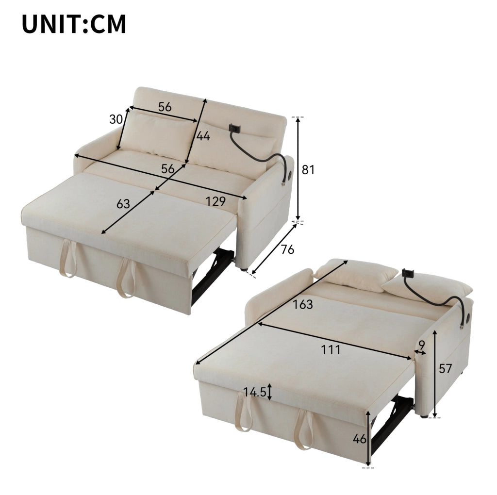 Divano letto 2 posti estraibile in ciniglia beige con USB; schienale regolabile e ruote