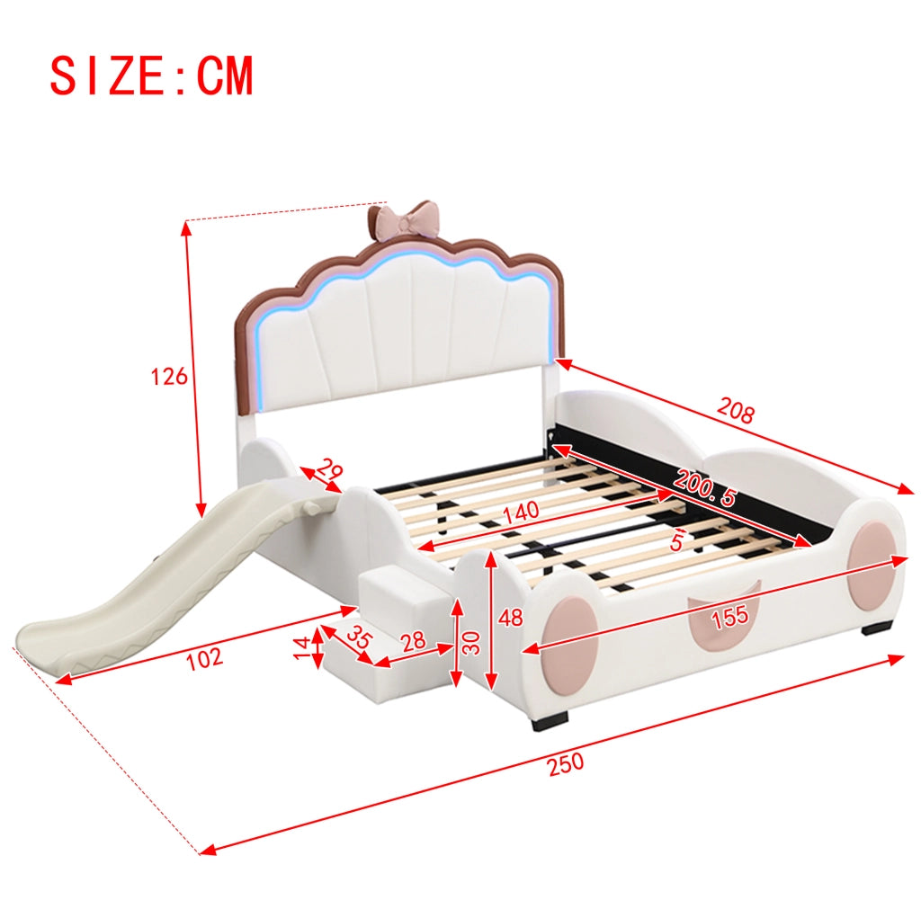 Letto per bambini 140x200 cm con design a farfalla, LED multicolore, scivolo e scala, in PU e MDF, rosa e bianco
