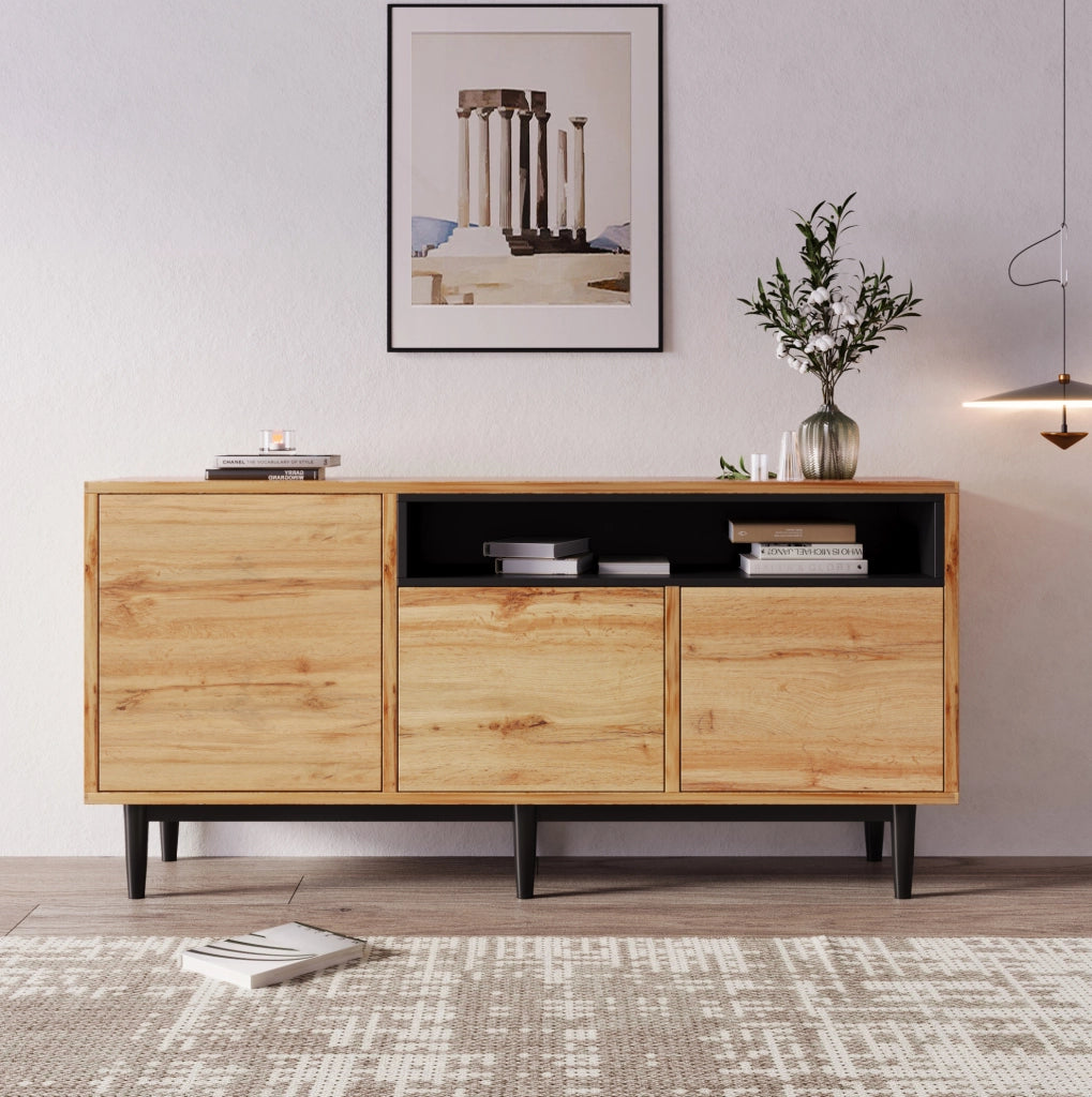 Credenza 160x35x76 cm con 3 ante e ripiani; MDF