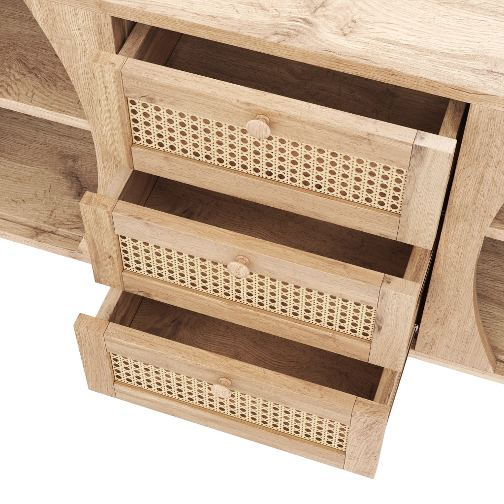 Credenza con 3 cassetti in rattan e ante scorrevoli, ripiani regolabili per soggiorno e ingresso, naturale, 140.5 × 40 × 76 cm