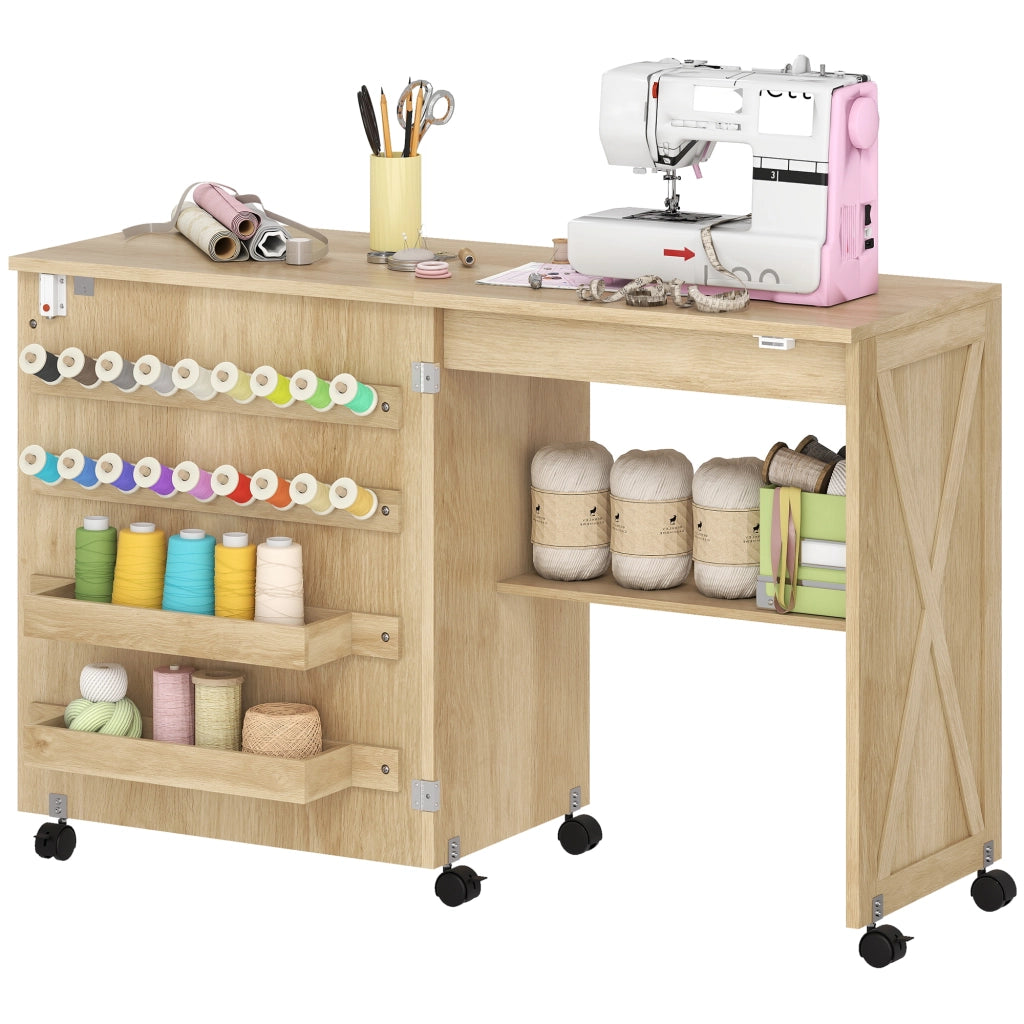 Table de Couture Pliante, Meuble Couture Roulant, Porte Magnétique de Grange, 2 Bacs, Étagère, 18 Chevilles, Naturel