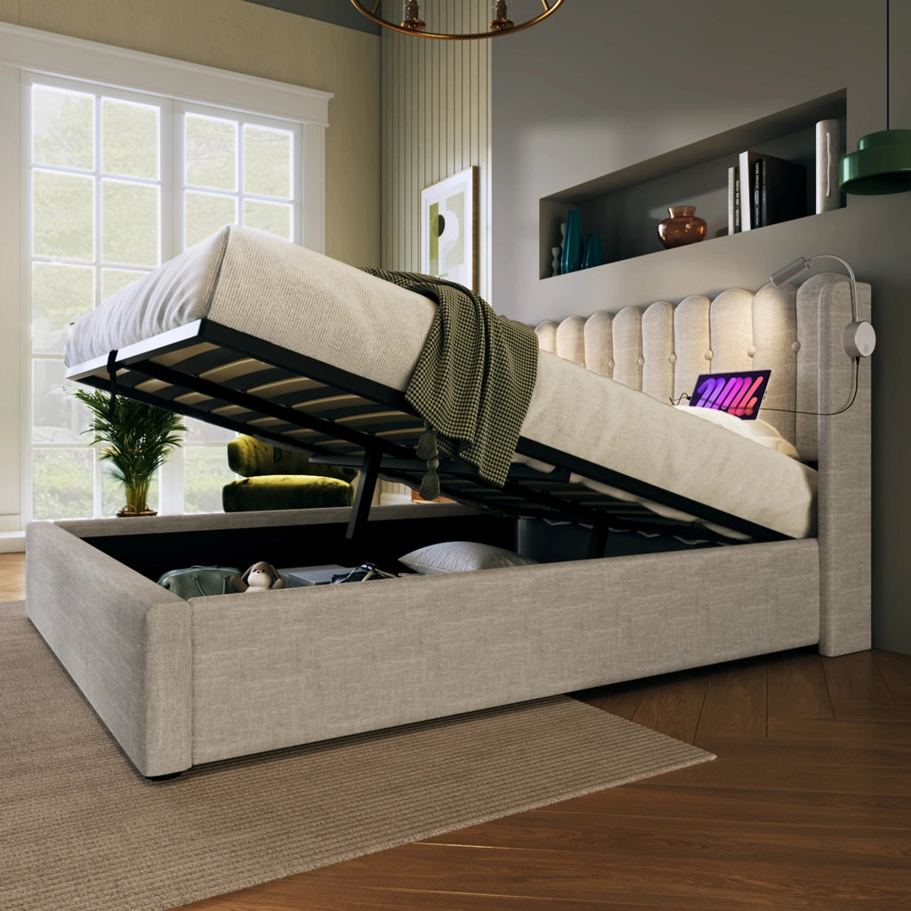 Letto contenitore 160 × 200 cm con testiera imbottita luce da lettura USB rivestito in lino naturale