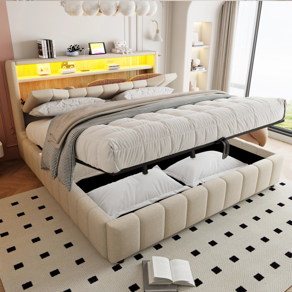 Letto contenitore imbottito 180x200 cm con LED, ricarica USB e USB-C, testiera con vano, beige