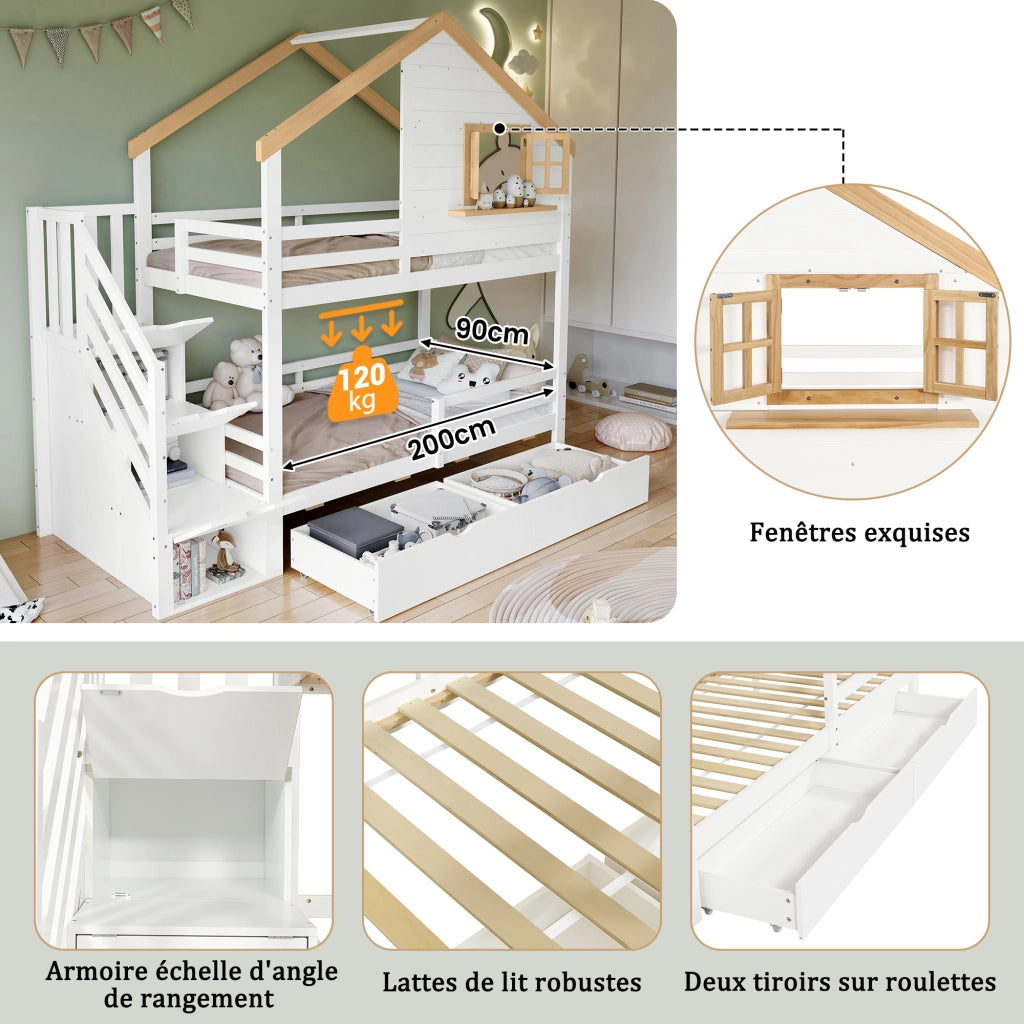 Letto a castello a casetta 90x200 cm in pino e MDF; bianco e naturale; con scala contenitore e cassetti per cameretta