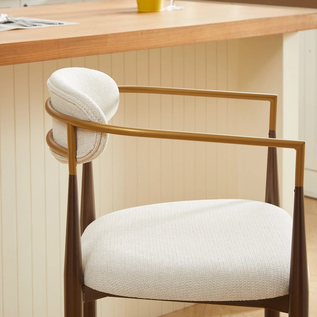 Sgabello da bar set di 2 con braccioli dorati e piedini regolabili, struttura in metallo e tessuto beige