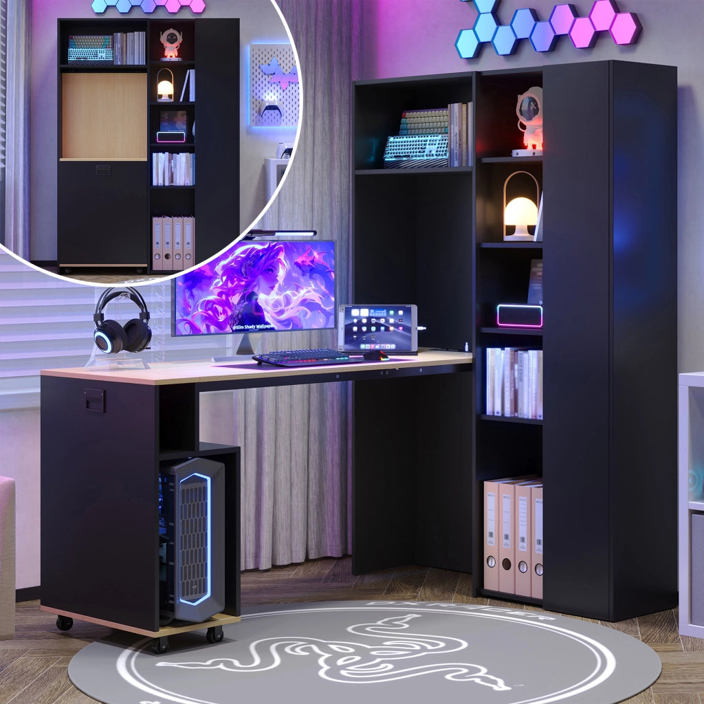 Scrivania pieghevole multifunzionale con ripiani e prese USB - per studio - nero rovere