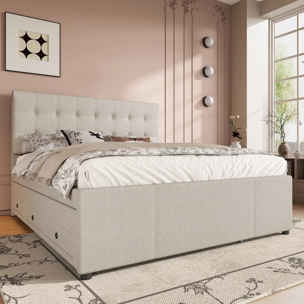 Letto imbottito matrimoniale 140 ¡Á 200 cm estraibile con tre cassetti testiera regolabile beige