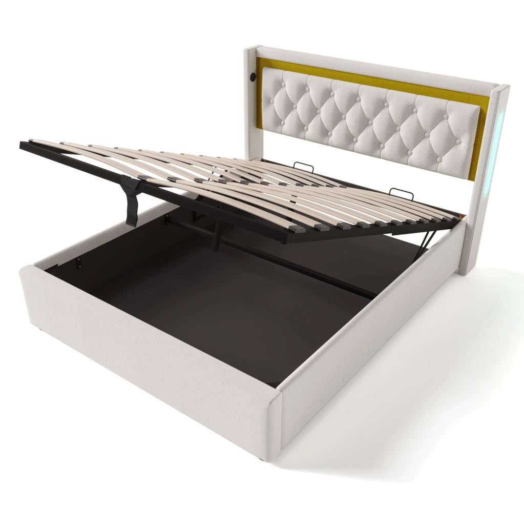 Letto matrimoniale imbottito 140x200 cm con LED, USB e Type-C, contenitore, beige chiaro