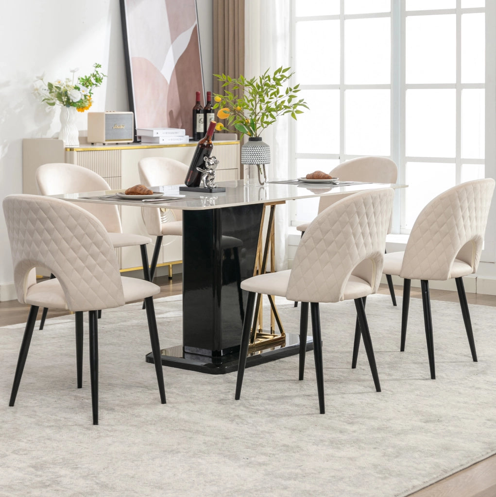 Set di 6 Sedie da Pranzo in Velluto Beige con Schienale a Rombo e Gambe Regolabili in Metallo