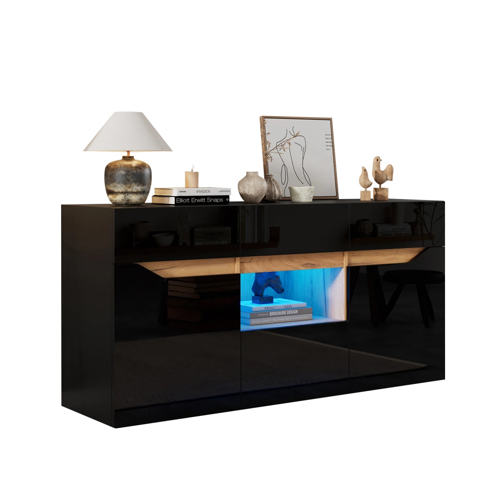 Credenza Soggiorno con LED ¨C Xylo ¨C 4 Cassetti, Legno e Nero Lucido, 140x40x70 cm