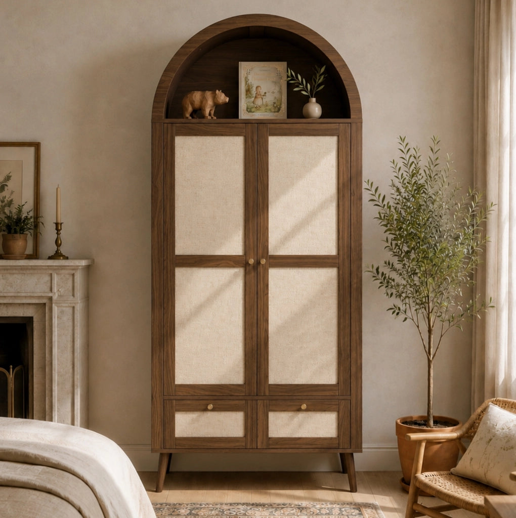 ARMADIO 2 ante e 2 cassetti 80x55x180 cm effetto noce e rattan beige