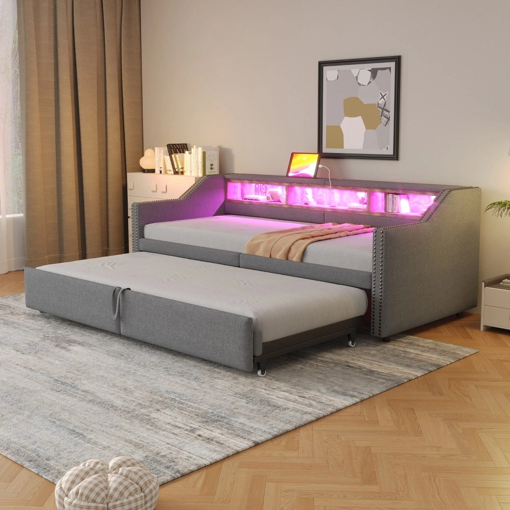 Letto Imbottito Estraibile con Contenitore, LED e USB ¨C Xylo ¨C 90/180x200 cm, Grigio Chiaro, con Materasso
