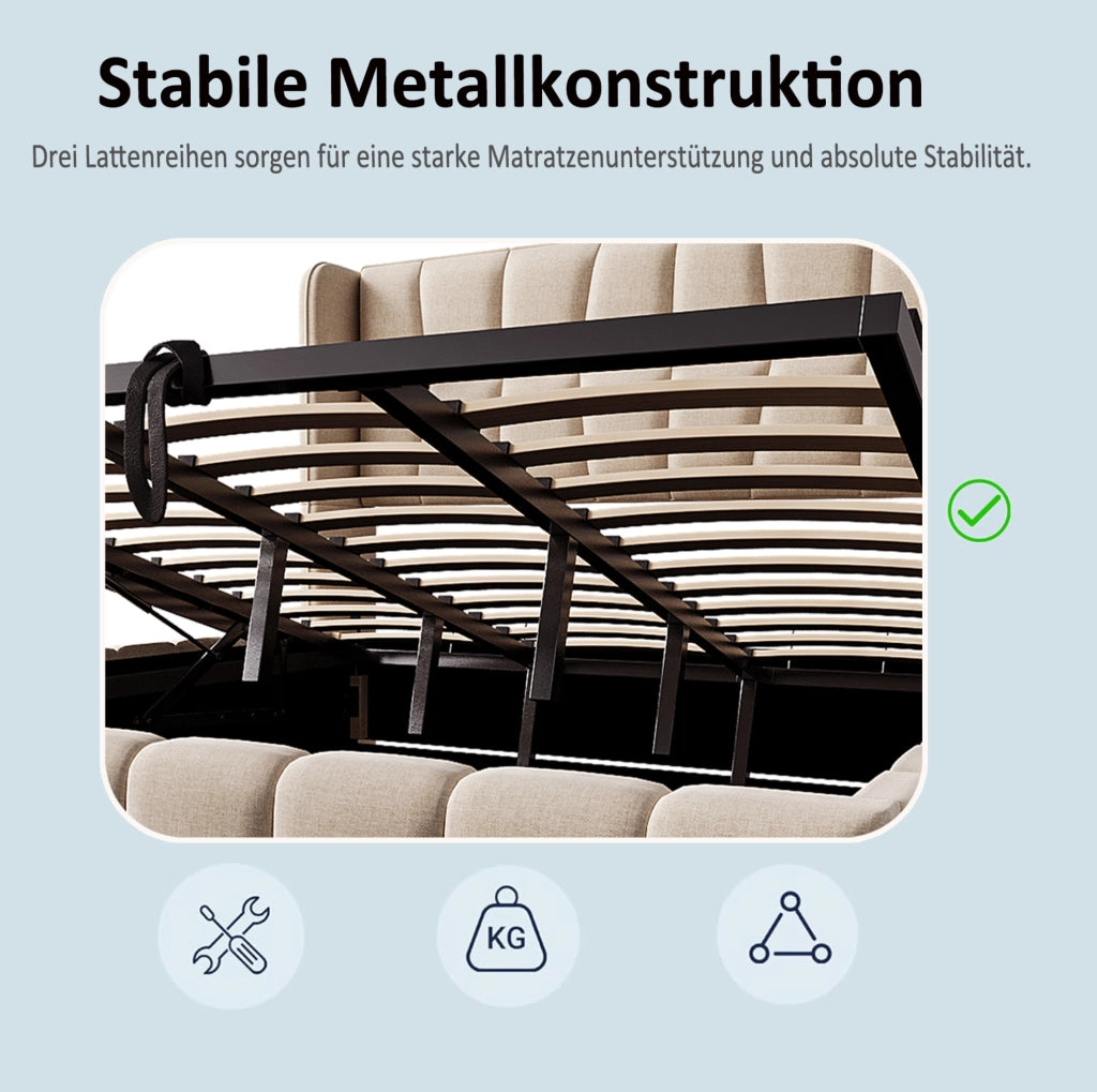 Letto imbottito 180x200 cm con rete a doghe, struttura in metallo e sistema contenitore pneumatico beige