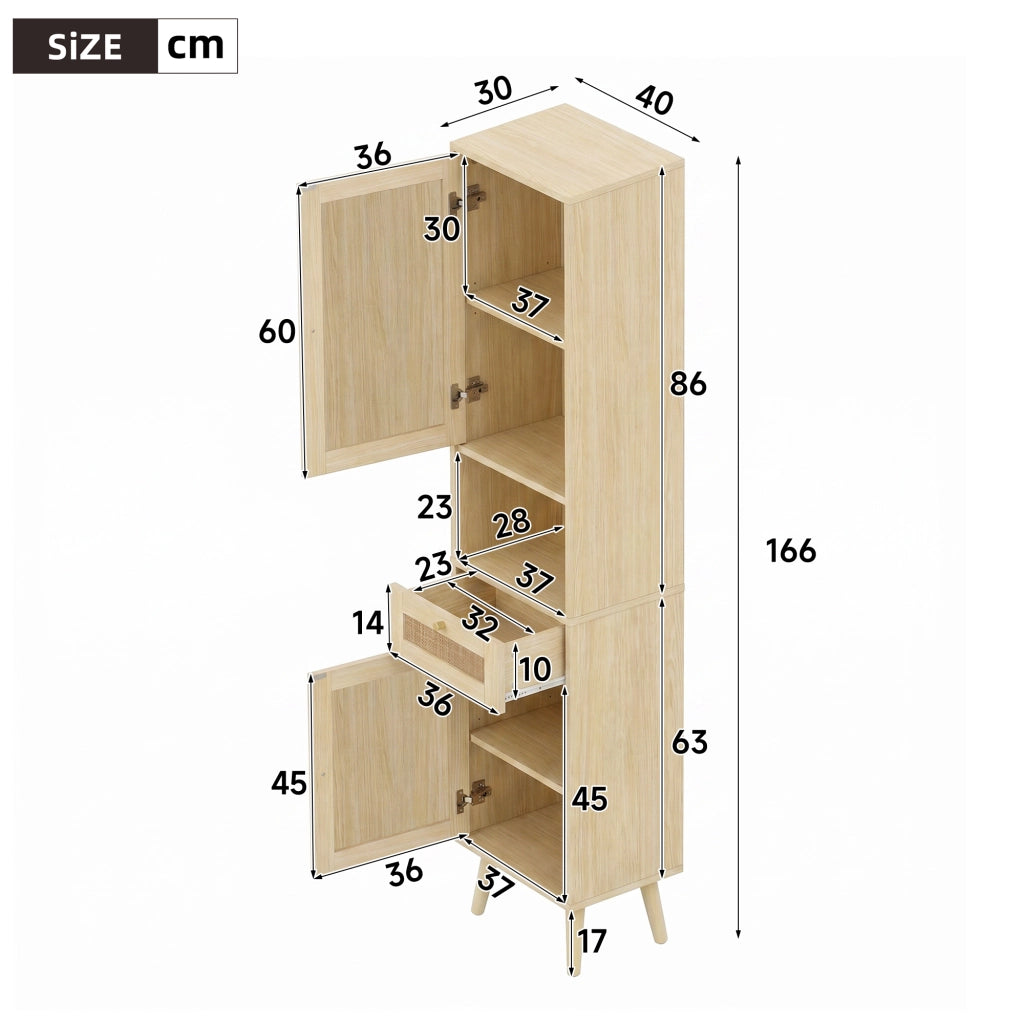 Colonna da bagno autoportante con ante reversibili in rattan; cassetto e ripiani aperti color legno naturale 40 × 30 × 166 cm