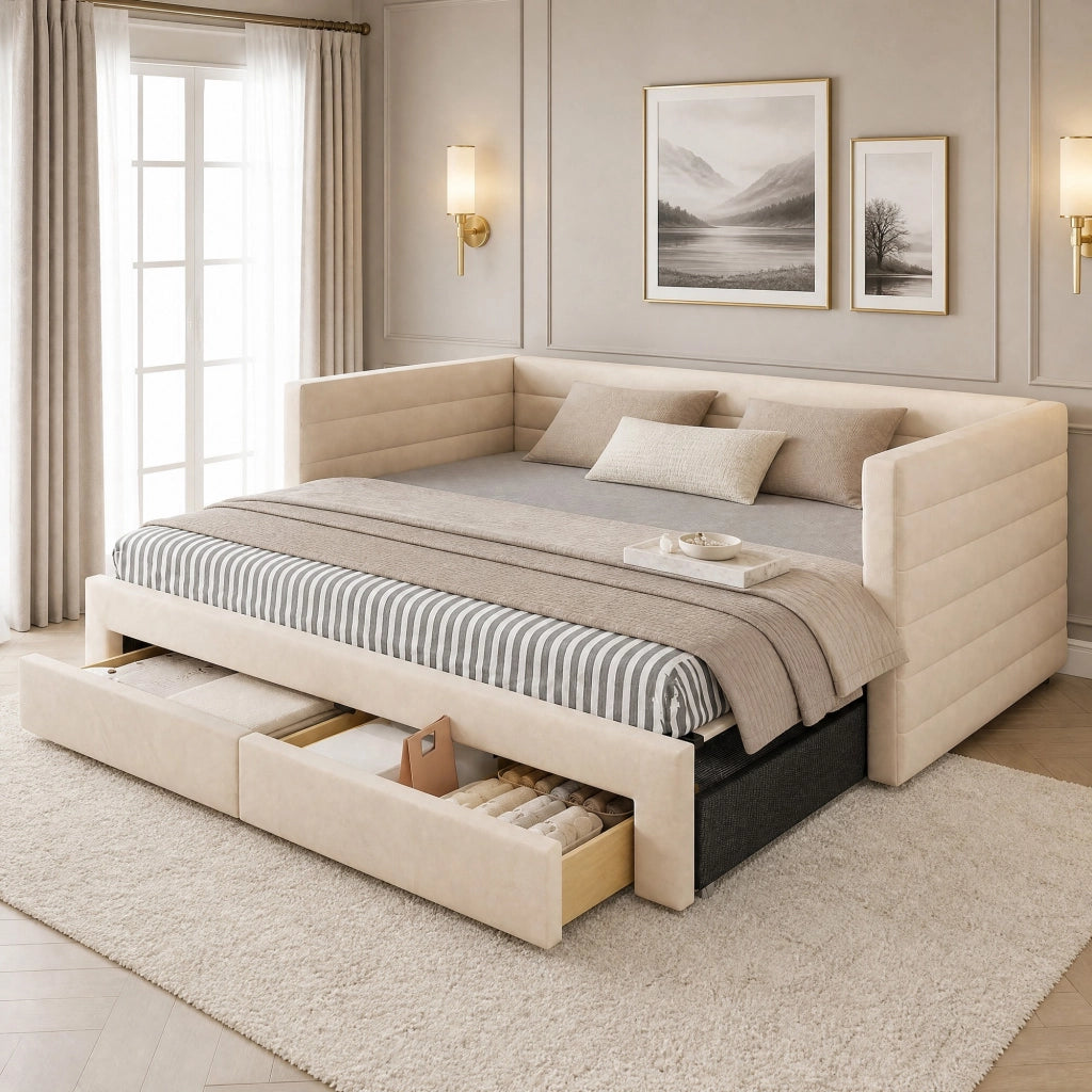 Letto imbottito 3-in-1 con 2 cassetti; divano e letto estraibile 90x190/180x190 cm; beige