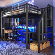 Letto a soppalco 90 × 200 cm con scrivania LED USB scale con contenitore parapetto metallo MDF nero