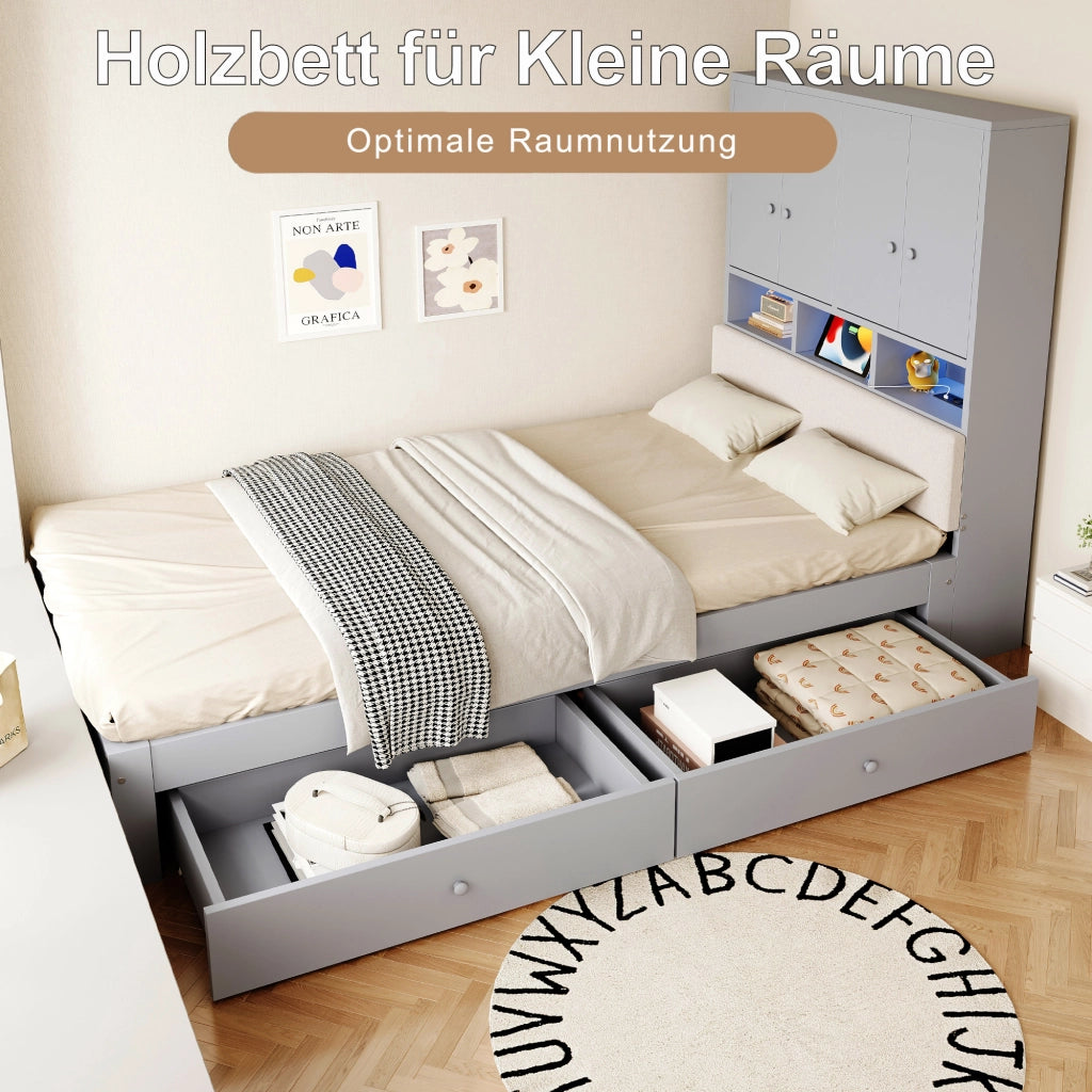 Letto singolo 90 × 200 cm con contenitore testiera imbottita luci led e presa in legno grigio