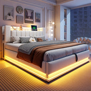 OKWISH Letto Contenitore 180×200 cm, Letto Matrimoniale con LED, USB, Tipo C e Vano Contenitore, senza Materasso, Beige