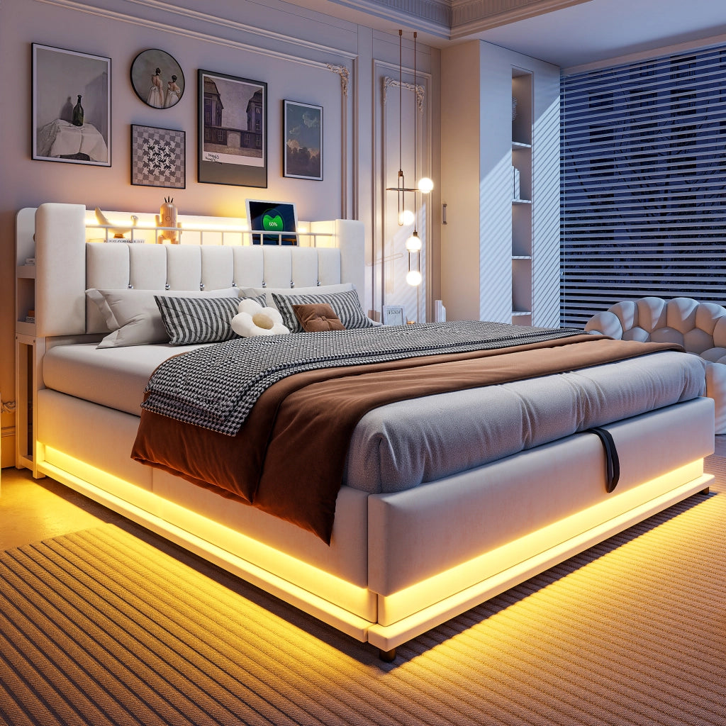OKWISH Letto Contenitore 180×200 cm, Letto Matrimoniale con LED, USB, Tipo C e Vano Contenitore, senza Materasso, Beige