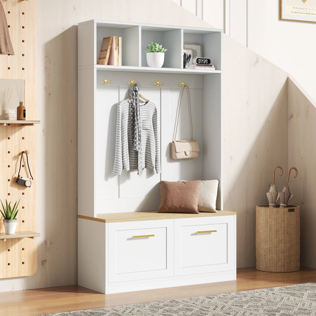 Set di mobili da ingresso con panca e vani aperti in MDF e pannello di particelle naturale e bianco 105 × 40 × 180 cm