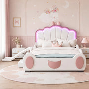 Letto per bambini 140 × 200 cm con scivolo e scaletta illuminazione LED multicolore PU e MDF rosa e bianco