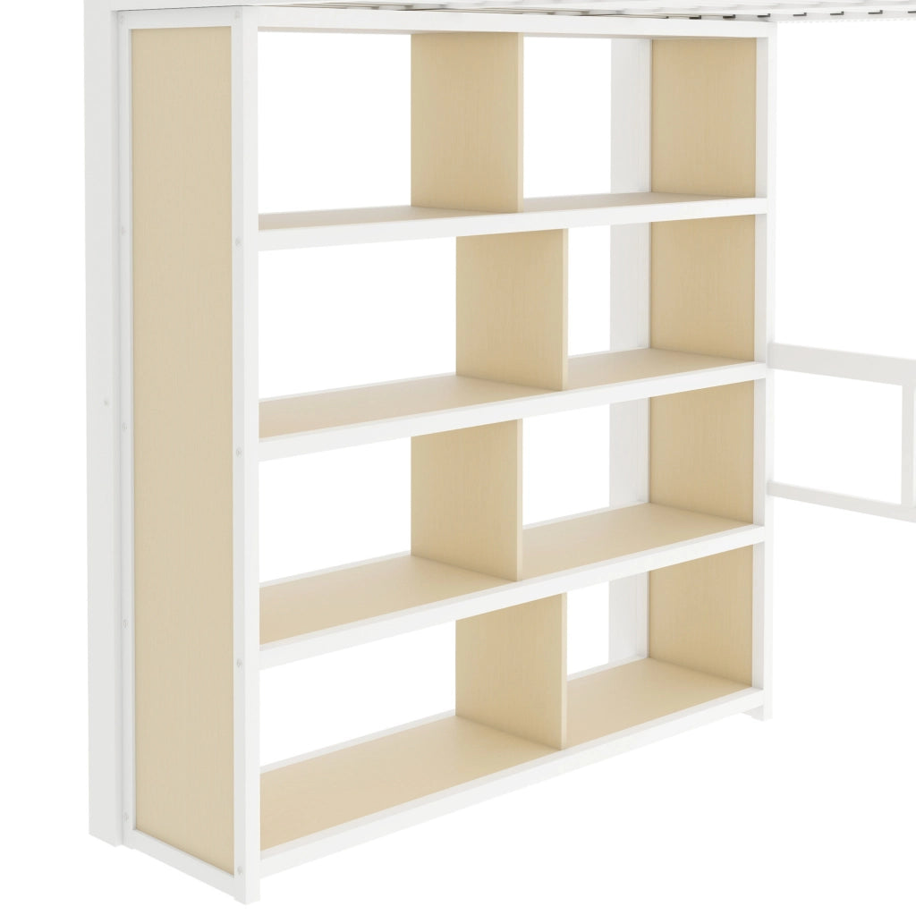 Letto a soppalco 140x200 cm con scrivania; scaffali; scala contenitore e LED bianco HOMVRA