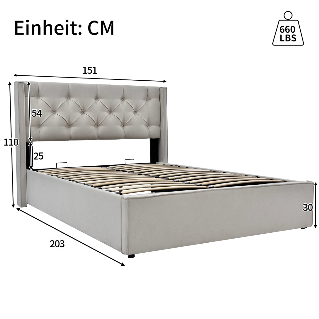 Letto contenitore 140 × 200 cm con testiera imbottita e rete sollevabile in legno metallo grigio chiaro