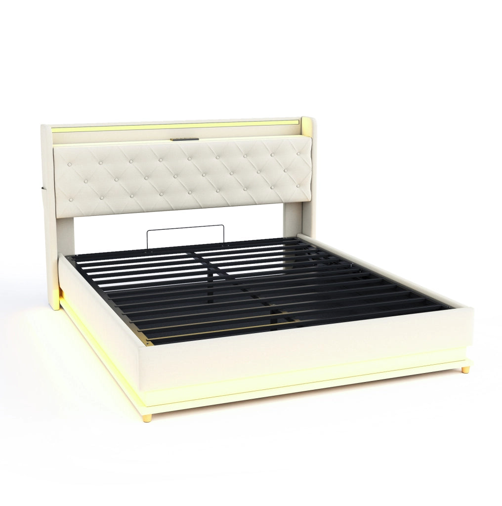 Letto imbottito beige 160x200 cm con LED, USB e vano contenitore