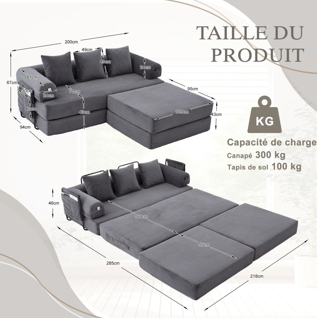 Divano modulare in tessuto vellutato con struttura in metallo, 3 cuscini e pouf, colore grigio scuro, 200x190x67 cm