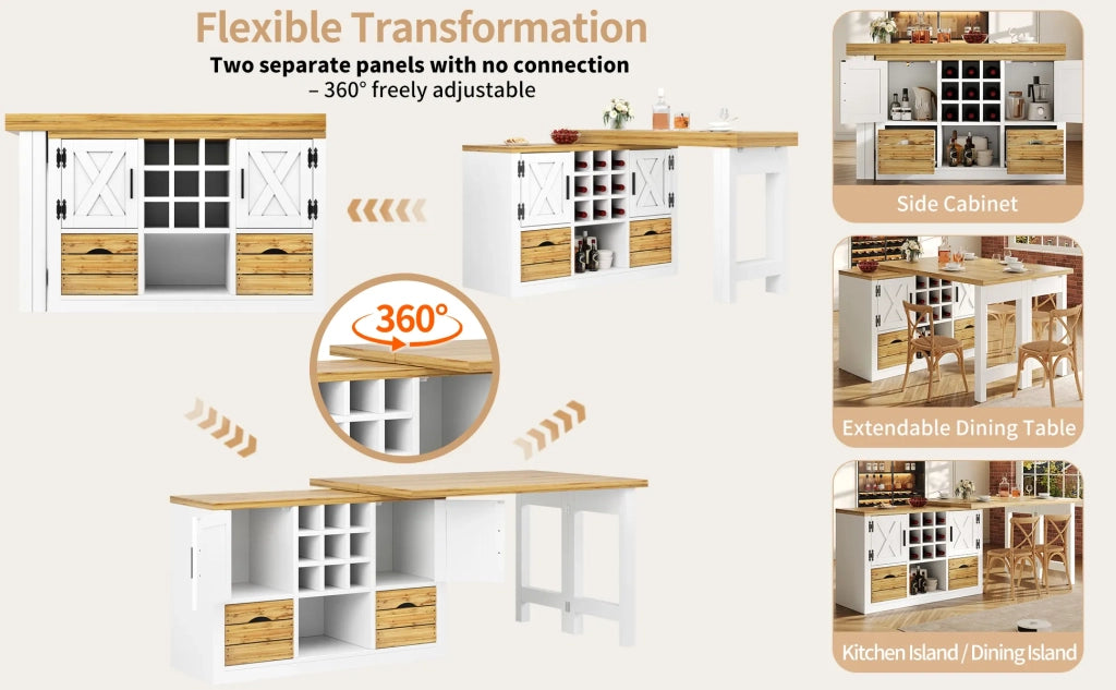 Tavolo da pranzo isola cucina estraibile con credenza, piano girevole 360°, grande spazio contenitivo, parete soggiorno, bianco