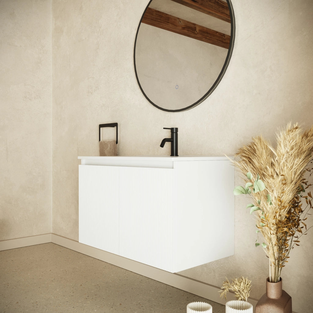 Mobile bagno sospeso 80cm due ante bianco opaco cannettato con lavabo bianco lucido | Pelion