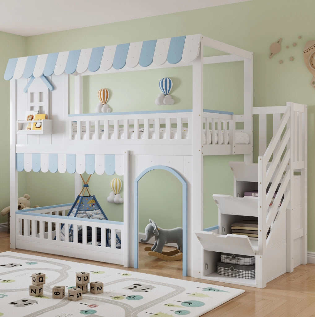 Letto a castello per bambini con armadio a gradini, struttura in pino e MDF, 90x200 cm, bianco e blu