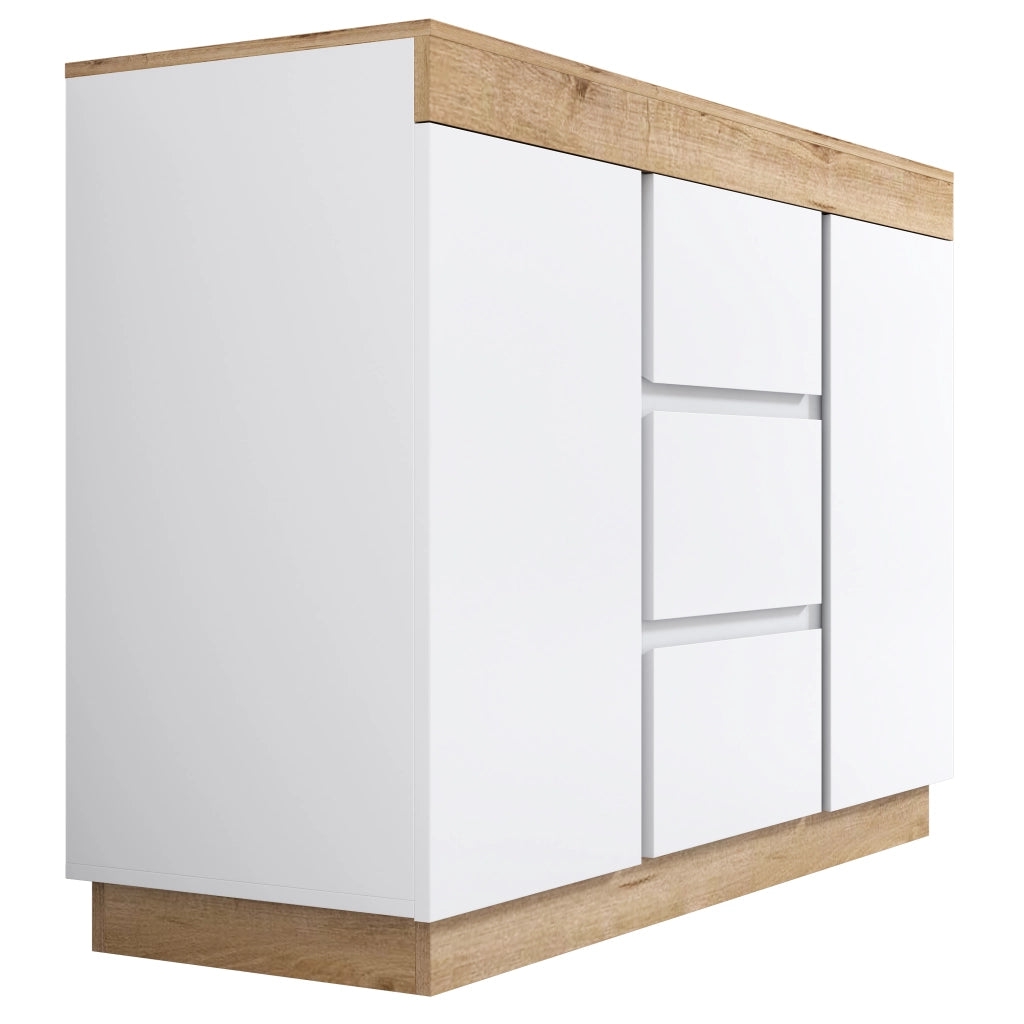 Cassettiera con 3 cassetti e 2 ante ¨C Minimal ¨C Bianco effetto rovere, legno E1, per camera e soggiorno
