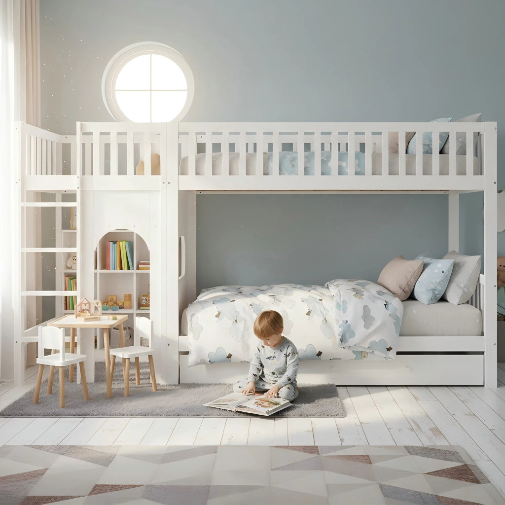Letto a castello per bambini con scala a quattro gradini e sponde legno bianco e naturale 90 × 200 cm