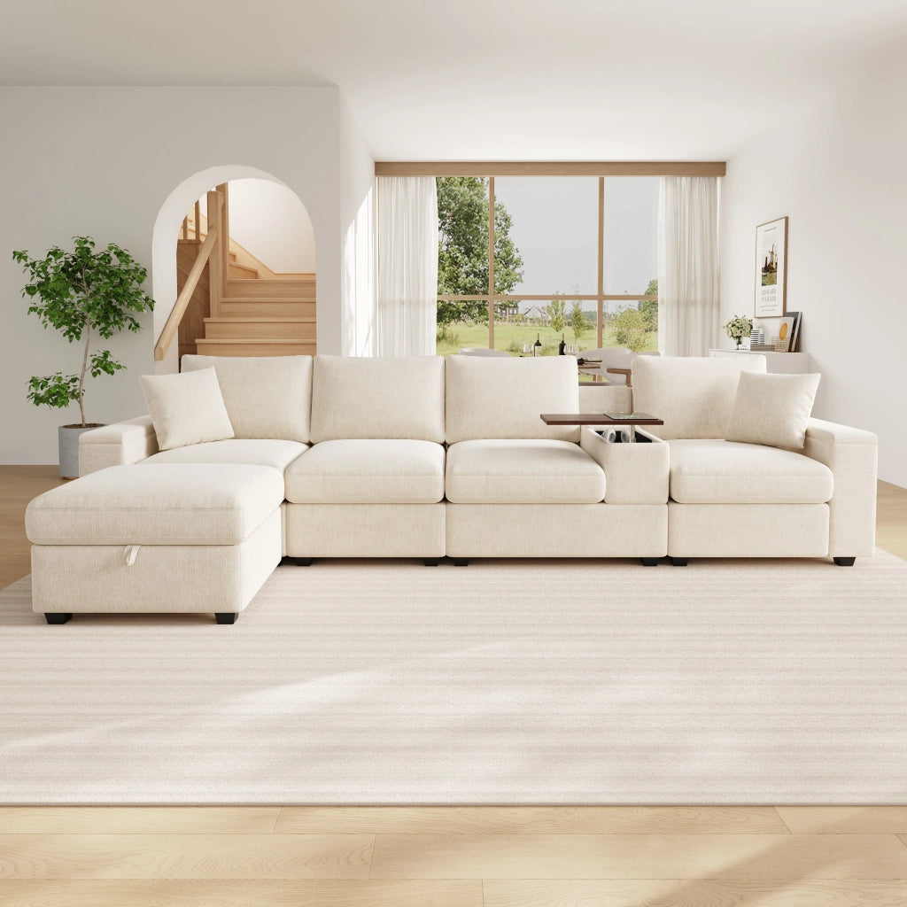 Divano modulare a L 313 x 147 x 82 cm con pouf e USB; ciniglia beige
