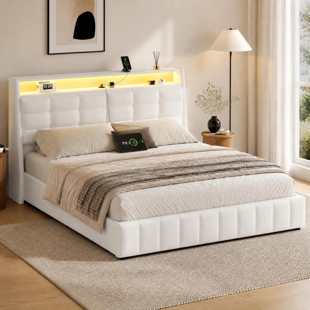 Letto contenitore 160 × 200 cm con LED a 7 colori USB testiera regolabile imbottita in PU MDF e compensato bianco