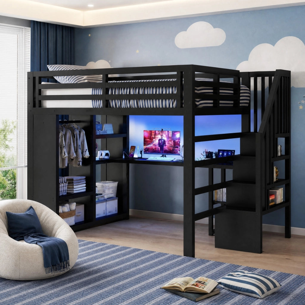 Letto a soppalco 140 × 200 cm con scrivania LED Bluetooth armadio aperto scala con vani in metallo nero