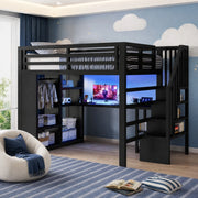 Letto a soppalco 140 × 200 cm con scrivania LED Bluetooth armadio aperto scala con vani in metallo nero