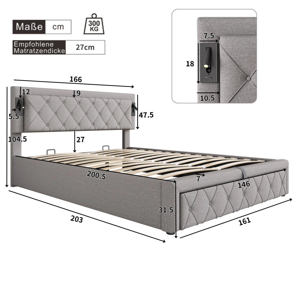 Letto imbottito con contenitore, LED e USB, grigio