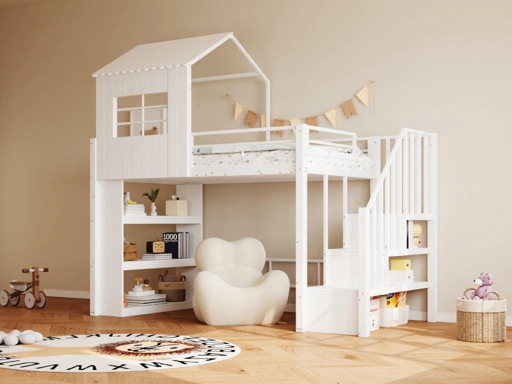 Letto a soppalco singolo 90 × 200 cm con scala reversibile e contenitori in metallo MDF bianco